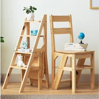 Home backrest step ladders multi-function kitchen tool solid wood ladder chair stable and practical folding ladder