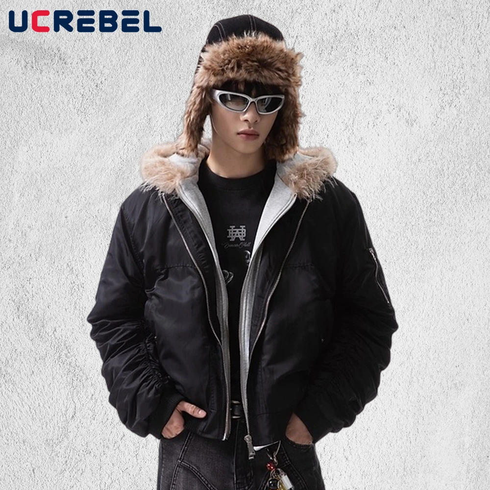 

Fake two-piece Ma-1 Bomber Quilted Jacket Mens Winter Retro Streetwear Hooded Long Sleeve Thick Outerwear Man