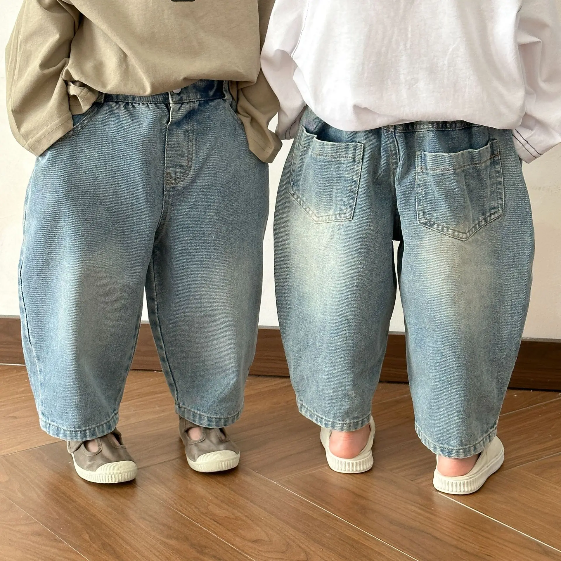 2025 Spring New Children Soft Denim Trousers Solid Boys Fashion Versatile Loose Jeans Girls Casual Pants Kids Clothes