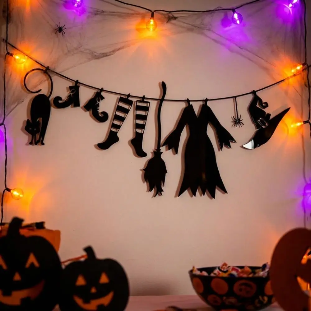Acrylic Halloween Witch Hat Wall Art Spooky Black Cat Spider Witch Cloak Hat Party Bunting Witch Broom Funny