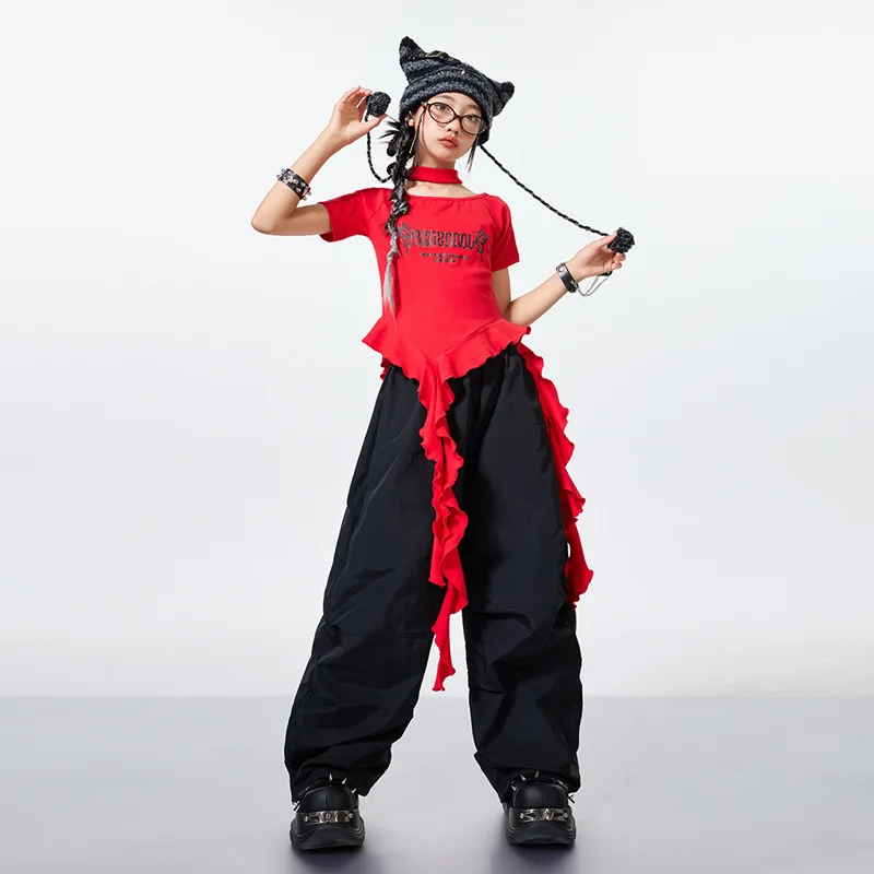 

Girls Kpop Catwalk Show Stage Outfits Red Top Baggy Pants Jazz Hip Hop Dance Costume Group Performance Competition Show Clothing