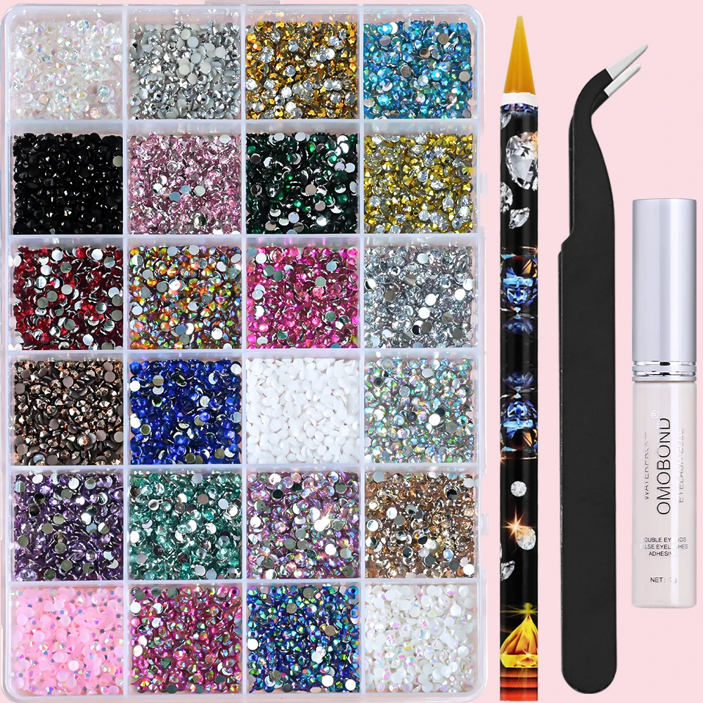 3500Pcs SS10 Round Resin Flatback Glitter Rhinestones Colorful 3D Nail Decor DIY Crafts Bling Accessories 24Grid Storage Box Set