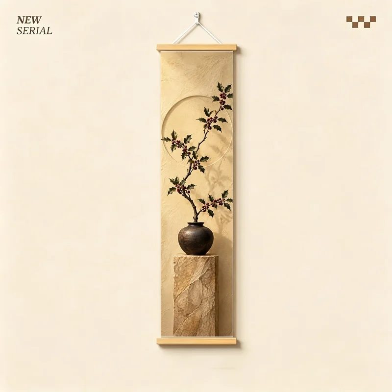 Wall Art Holly and Mistletoe, Serene Wabi-Sabi Botanical Silver Shimmer Canvas Hanging Scroll for Reading Nook Home Decor