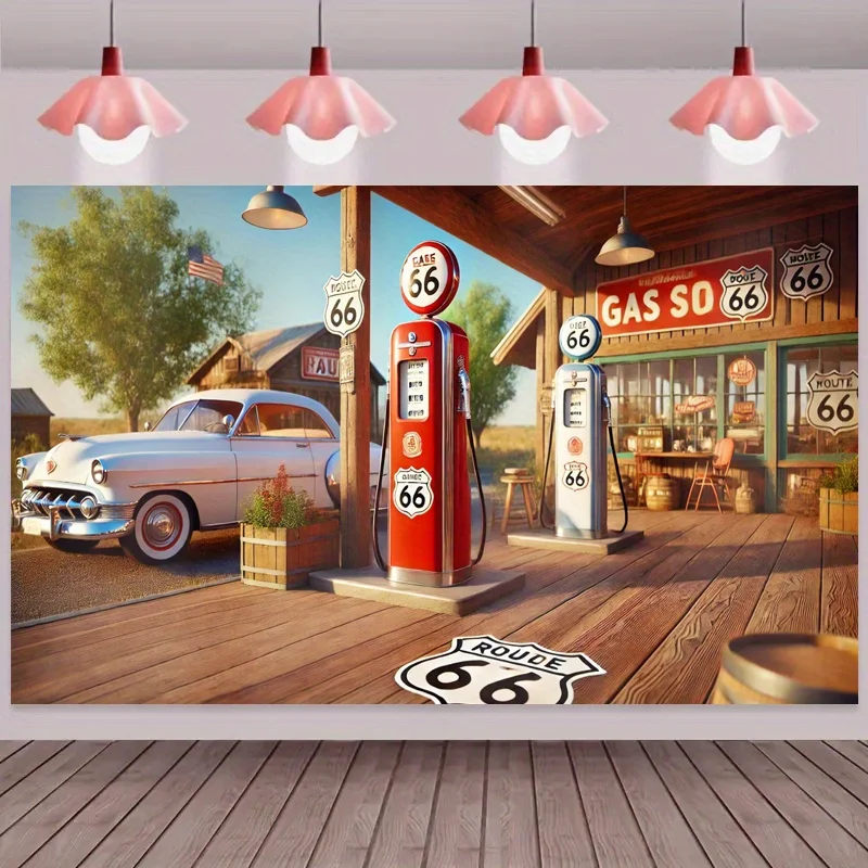 Retro Gas Station Party Backdrop Vintage Style Tapestry  Polyester Background Cloth with Classic Car and Route 66 Signs