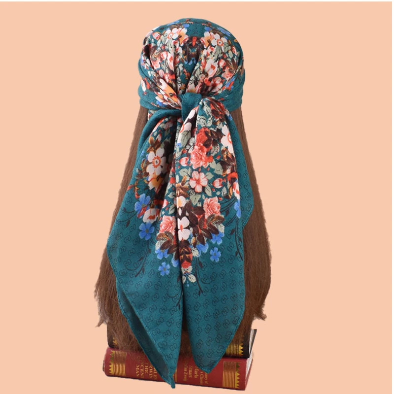 Luxury Flower Print Square Scarf Female Simulated Silk Thin Neck Scarf Fashion Sunscreen Headscarf For Women 90x90cm Bag Scarves