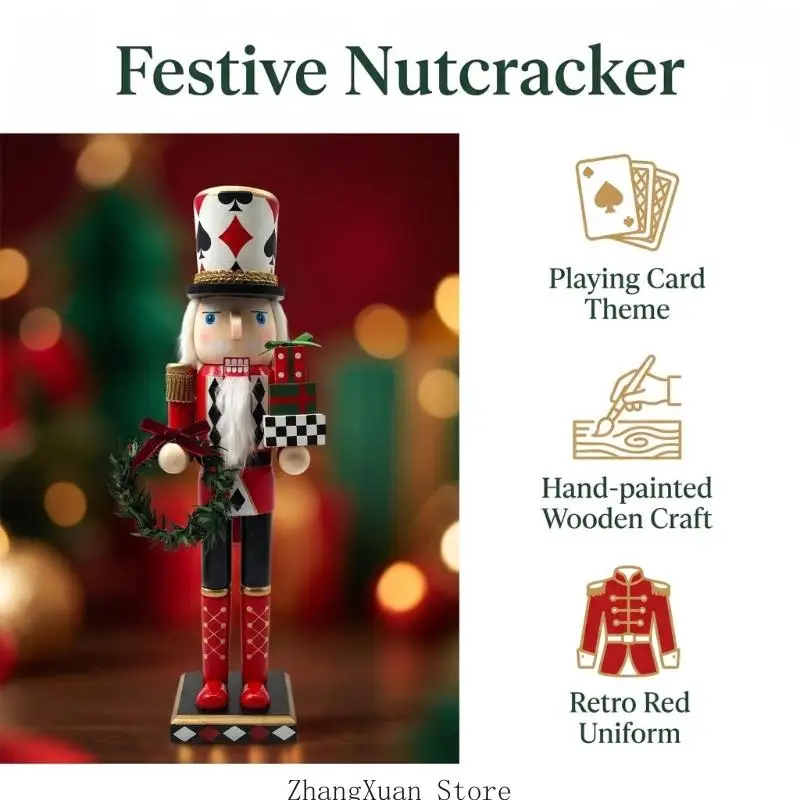 Tisch-Weihnachtsdekoration, Nussknacker-Statue mit Spielkartenanzug, bemalte hölzerne Soldatenfigur, flache Basis für 3 x – Detail 3