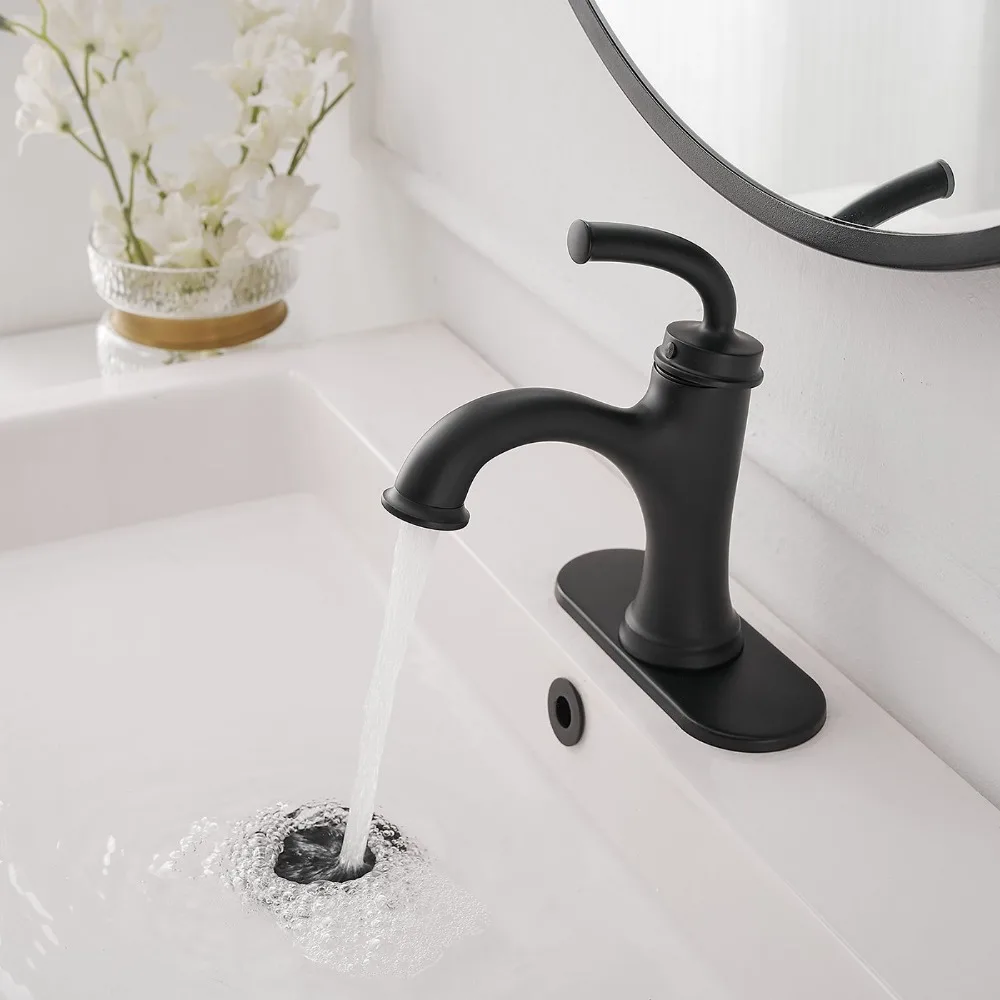 

Single handle bathroom faucet with 3-hole cover plate and metal drain pipe, 304 stainless steel structure single hole faucet