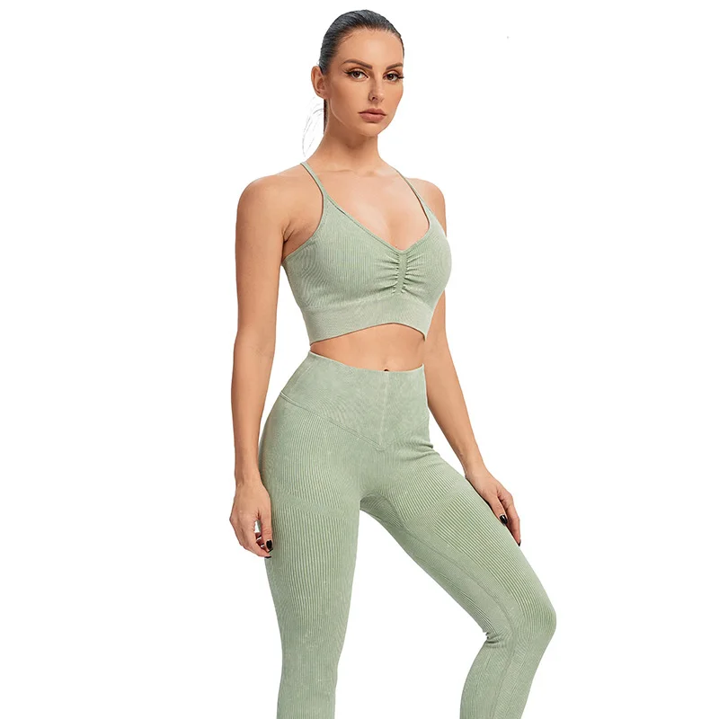 Sport Set Women Seamless Ribbed Yoga Set Gym Clothing Crop Top Bra High Waist Leggings Workout Outfit Fitness Suit Active Wear