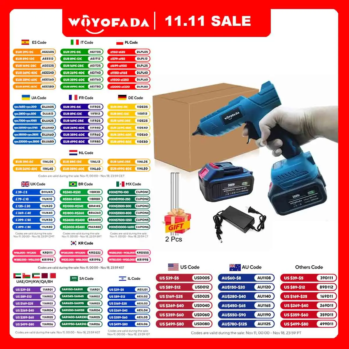 Woyofada-pistola de Cola Quente Elétrica sem Fio Glue Grab Soldagem Air Gun 11 Milímetros Cola em Bastão Makita 18v Bateria