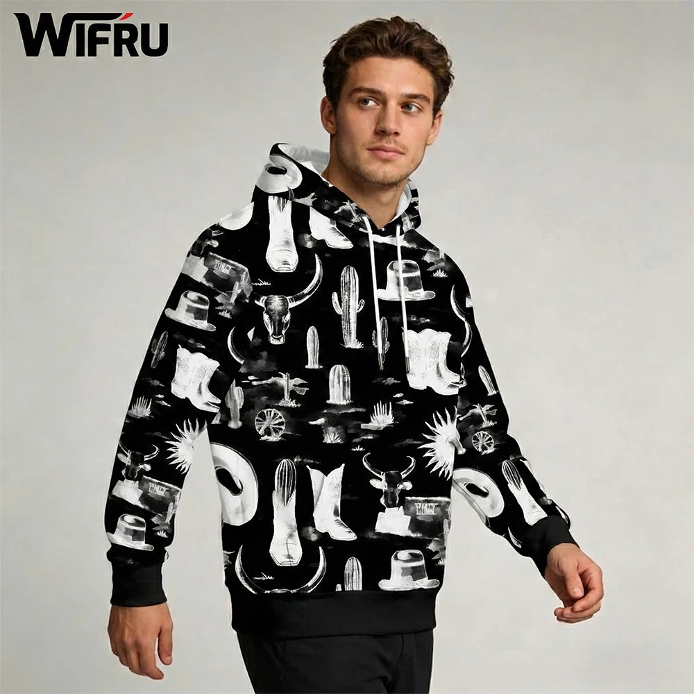 

Retro Western Cowboy Print Hoodie Simple Cactus Skull Pattern Pullover Autumn And Winter Fashion Men And Women Street Style Wear