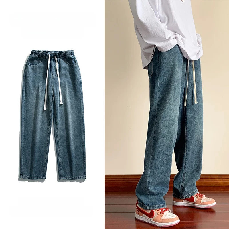 

Американские джинсы в стиле ретро с эластичной резинкой на талии, мужские летние свободные брюки прямого кроя, модная стильная уличная одежда, молодежная износостойкая одежда