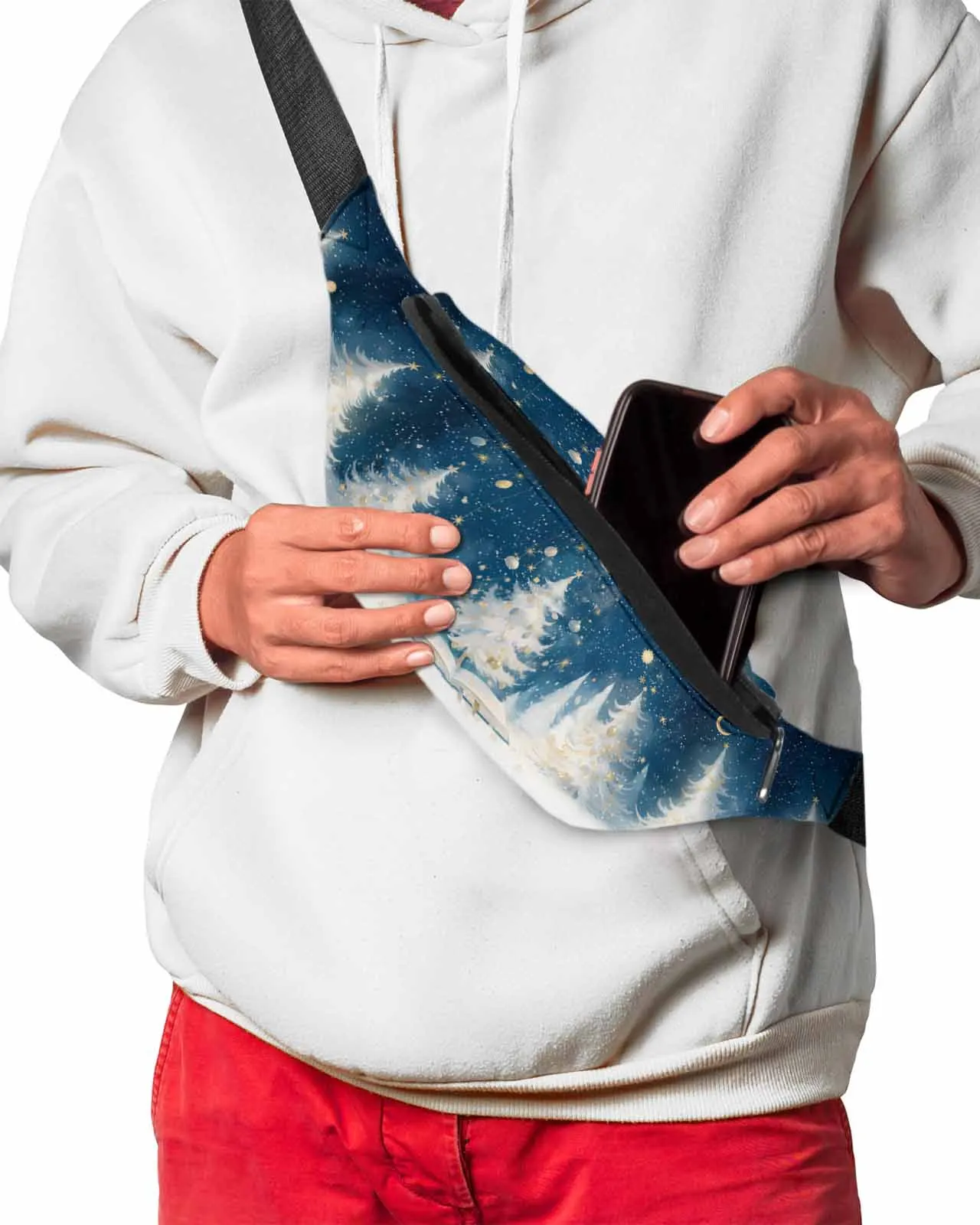 Riñonera impermeable para hombre y mujer, bolsa de cintura con diseño de árbol de Navidad, estrellas, Luna, libros, copos de nieve, plátano y cadera