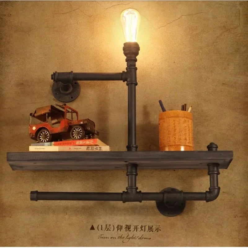 Loft Creative Bookshelf Vintage Industrial Corridor Lamp Cafe Bar Storage Shelf Study Decorative Wall Light Space-Saving