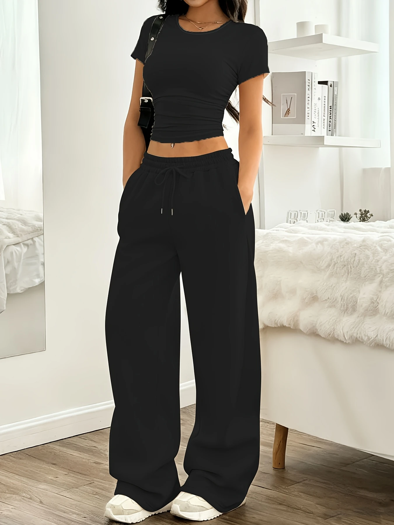 Round Neck Slim Short Sleeve and Wide Leg Pants Set