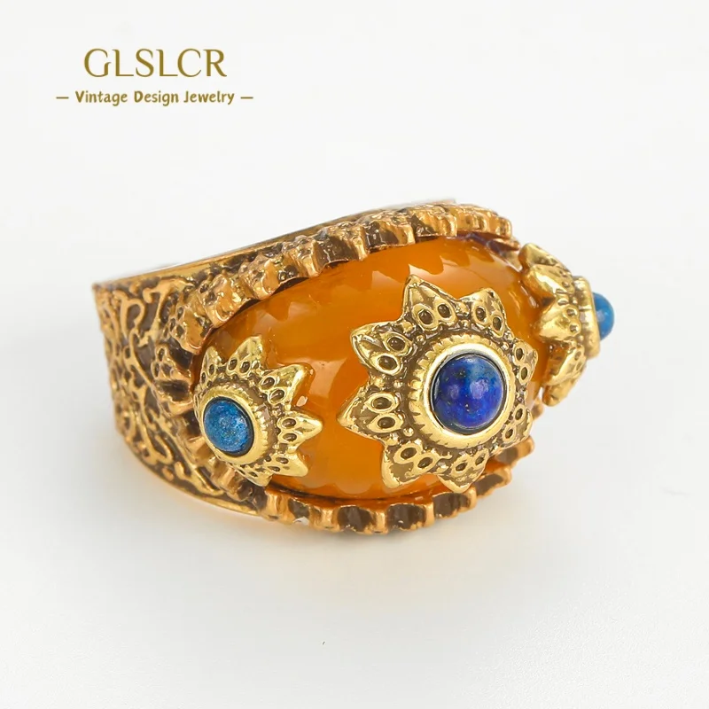 

Vintage Yellow Natural Stone Ring For Women Lapis Lazuli Sun Accessories Quality Luxury Designer Jewelry Trends 2025 Gifts Party