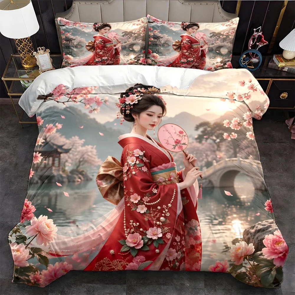 3Pc Ancient Style Cherry Blossom Lady Painting Quilt Cover Set, Bedding Three-Piece Set (1*Quilt Cover + 2*Pillowcases), Suitable for All Seasons, Machine Washable, Invisible Zipper Design, Large Double Bed Cover, Suitable for Home, Dormitory, Master Bedroom, Guest Room, Chinese Style Embroidered Floral Patterns, Light Luxury Bedding Set, Beautiful Landscape Artistry, Skin-Friendly Breathable Bedding, Hot-Selling Classical Aesthetic Bedding, Exquisite Printed Quilt Cover Three-Piece Set, Oriental Charm Bedroom Bedding, High-Quality