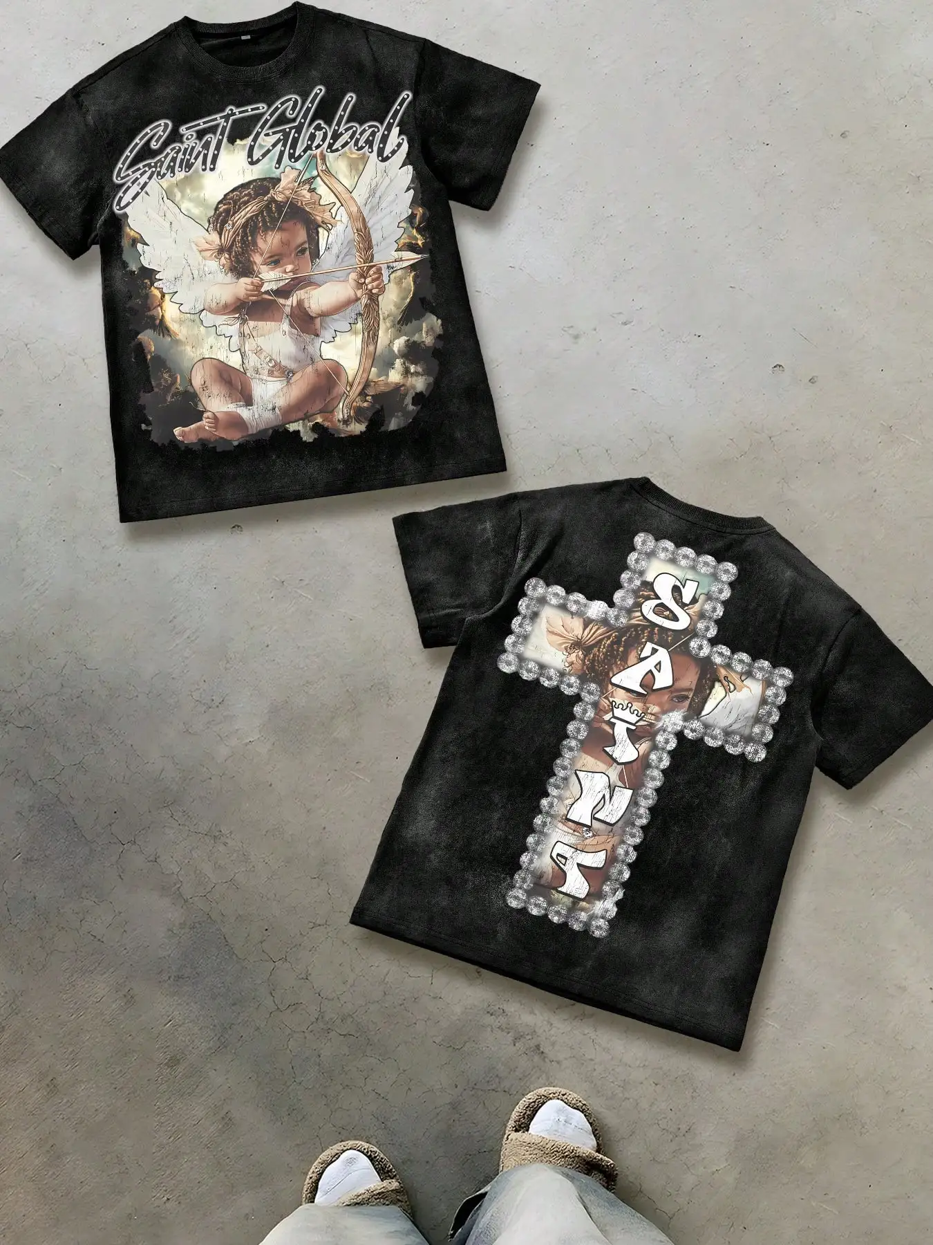 

Vintage Washed Black Graphic Tee with Angelic Motif, Unisex Loose Fit Crew Neck Cotton T-Shirt