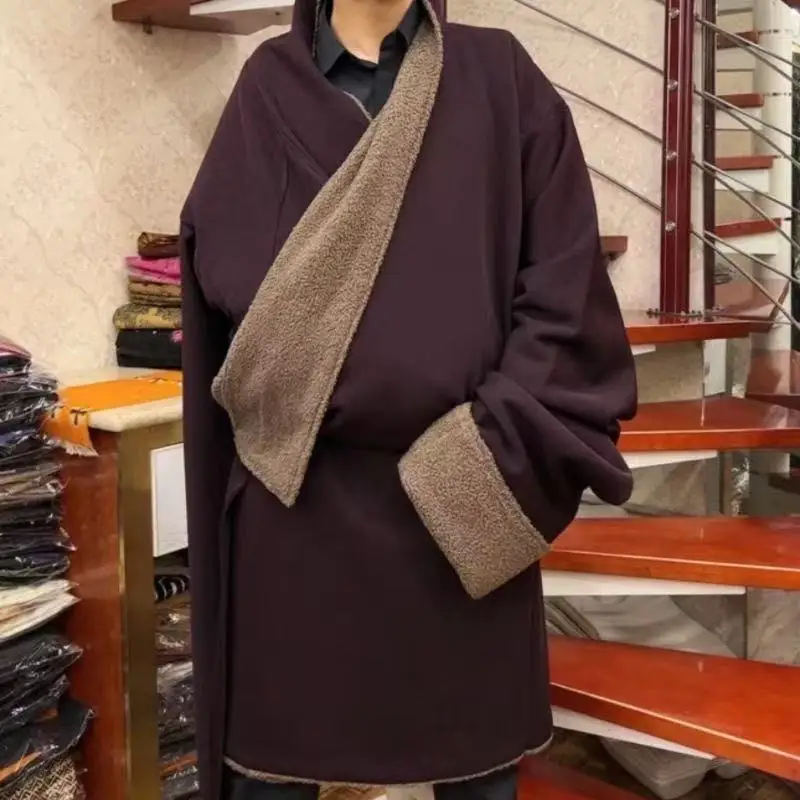 Men's Winer Thicken Velvet Tibetan Tops Traditional Zang Slanted Clothing Classic Simple Stage Dance Tibetan Robe Daily Coat