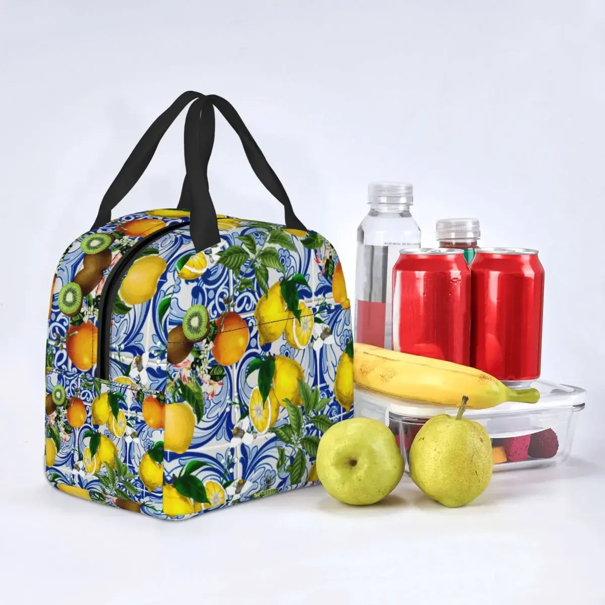 Mediterranean Lemon On Blue Ceramic Tiles Insulated Lunch Bag Leakproof Summer Citrus Fruit Thermal Cooler Lunch Tote Beach