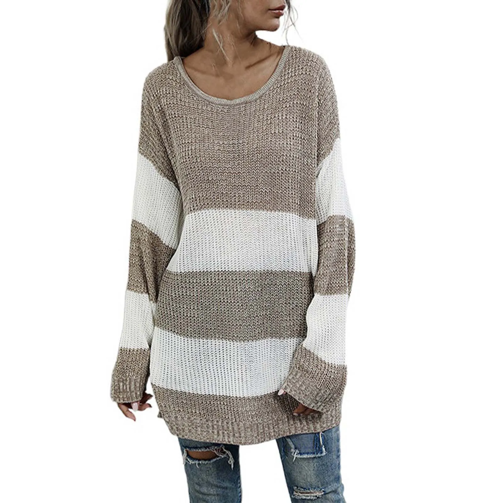 

New Women's Loose Versatile Jumper Autumn And Winter Clashing Stripes Splicing Long-Sleeved Casual Fashion Lazy Wind Jumper