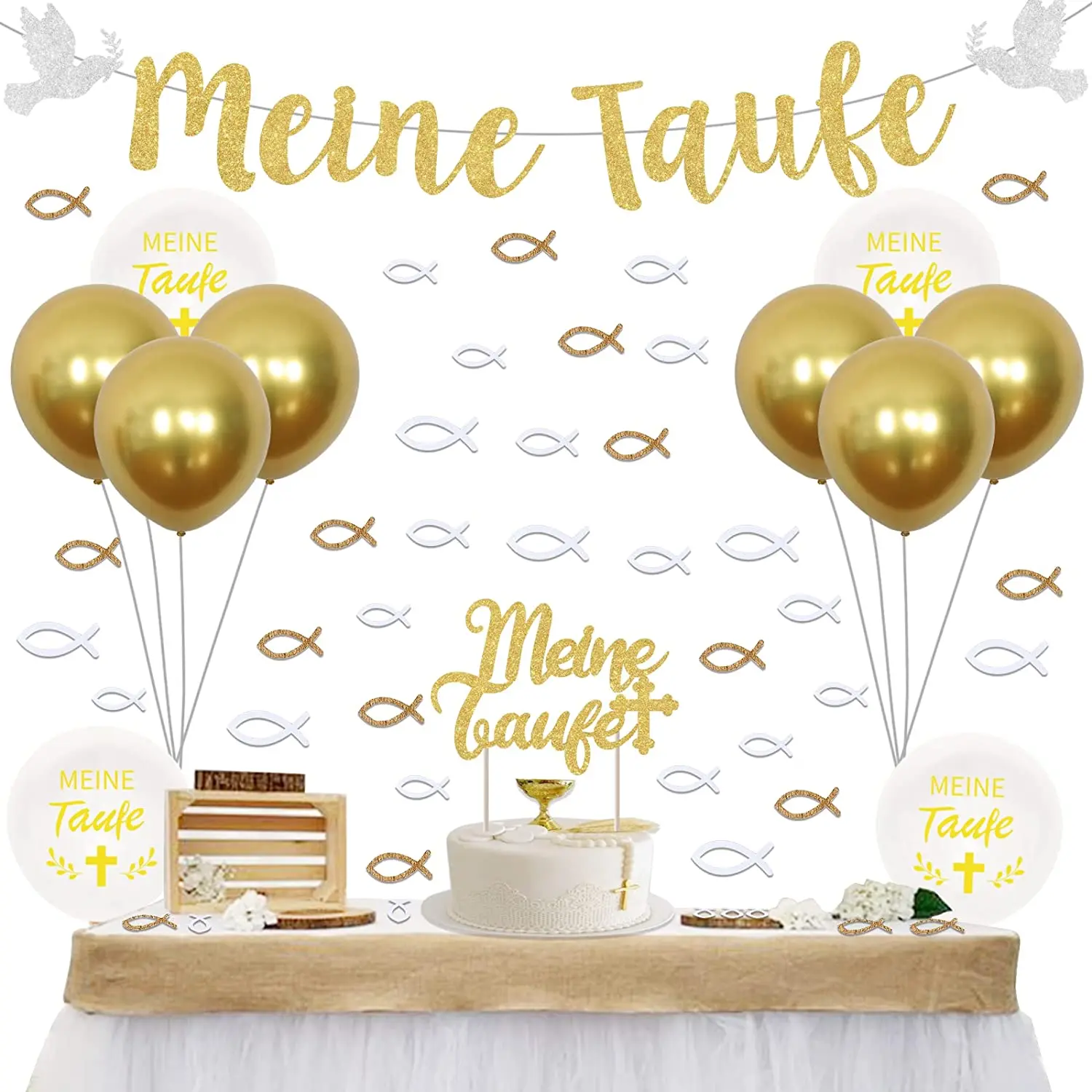 Cheereveal Meine Taufe Baptism Decorations Gold First Communion Christening Party Decor Meine Taufe Banner Cross Balloons Kit