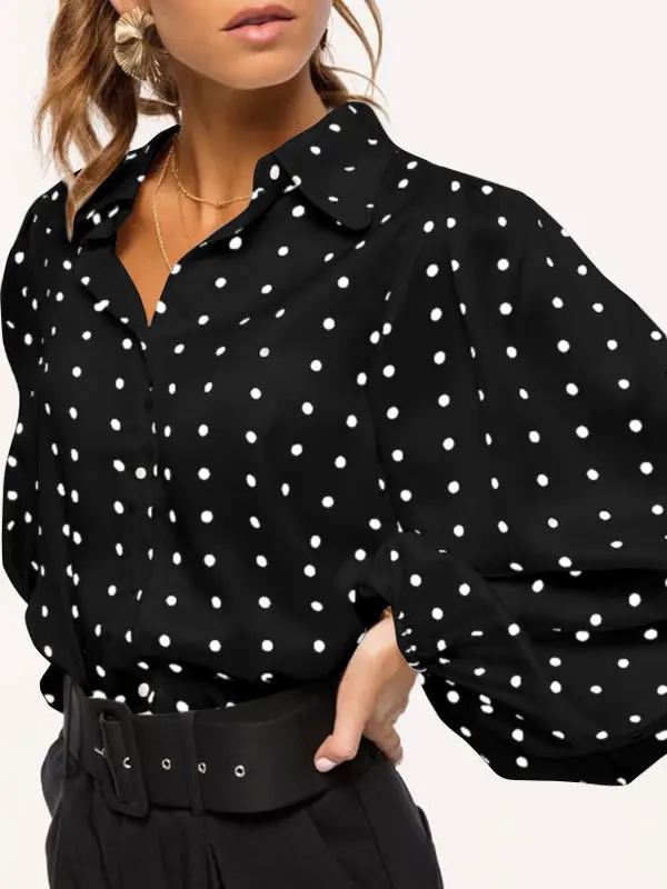 Polka Dot Lantern Sve Chiffon irt Women Loose Fit Street Sle Long Sve Button up round Ne Casual Top for Spring