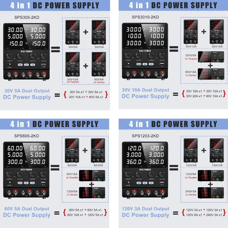 Dual Output Lab Power Supply Adjustable 0-60V 0-10A 0-240V 0-3A, 4-in-1 DC/AC, USB Output, Variable Switching Power Unit