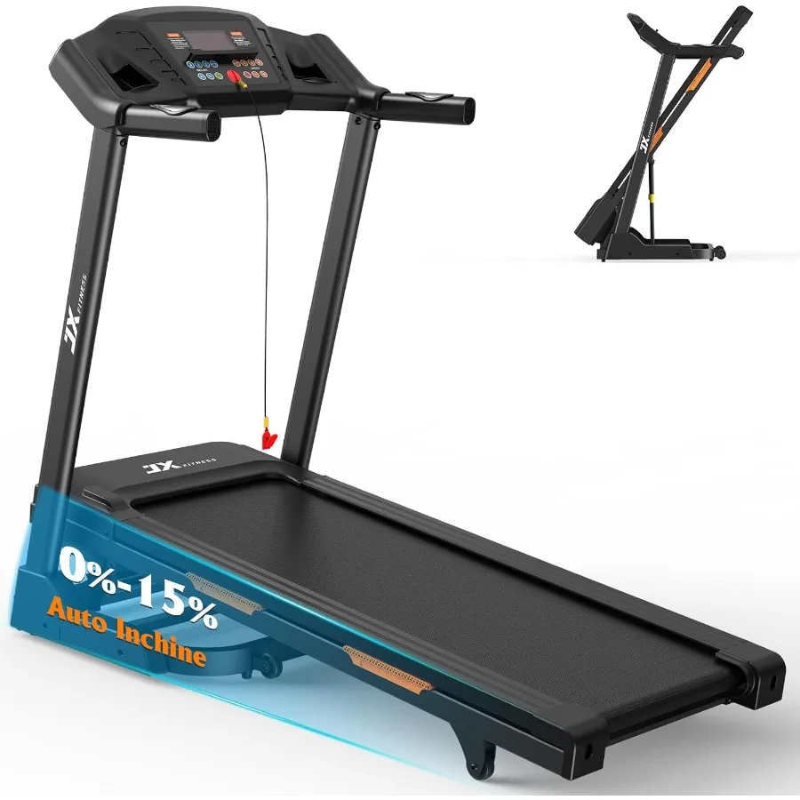 Home treadmill with folding design, steel frame, black color, 15 auto incline and app connectivity for walking or running