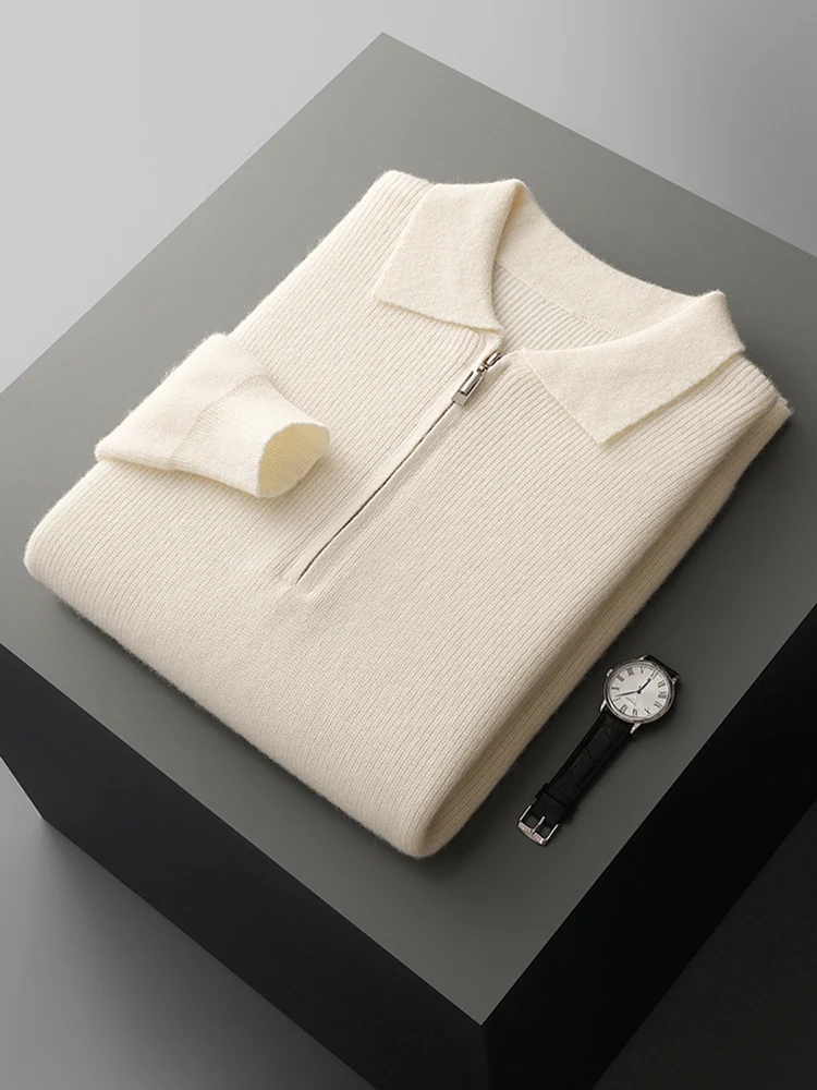

Chic Smart Casual Pullover Knitted Sweater Men's Zipper Polo Collar Autumn Winter 100% Merino Wool Solid Color Everyday Clothes