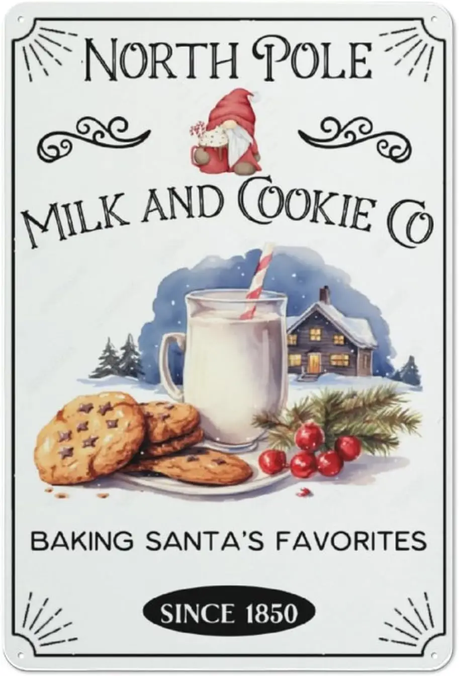 North Pole Milk  Cookie Metal Sign Vintage Christmas Pary Signs for Home Kitchen Shop Cafe Farm Wall Decor 8x12 inch