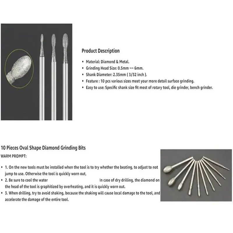 VEHO-For Rotary Tool Compatible- For 10 Pcs Burr, 3/32 Inch Shank Stone Carving-Bits(Oval Shape)