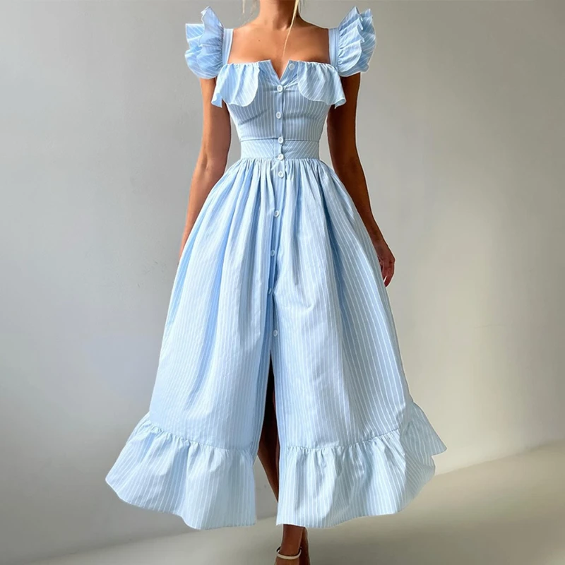 TARUXY Striped Ruffled Hem Casual Dress Women's New Summer Button Cardigan Waist-Cinching Long Dress Female Dating Party Dress