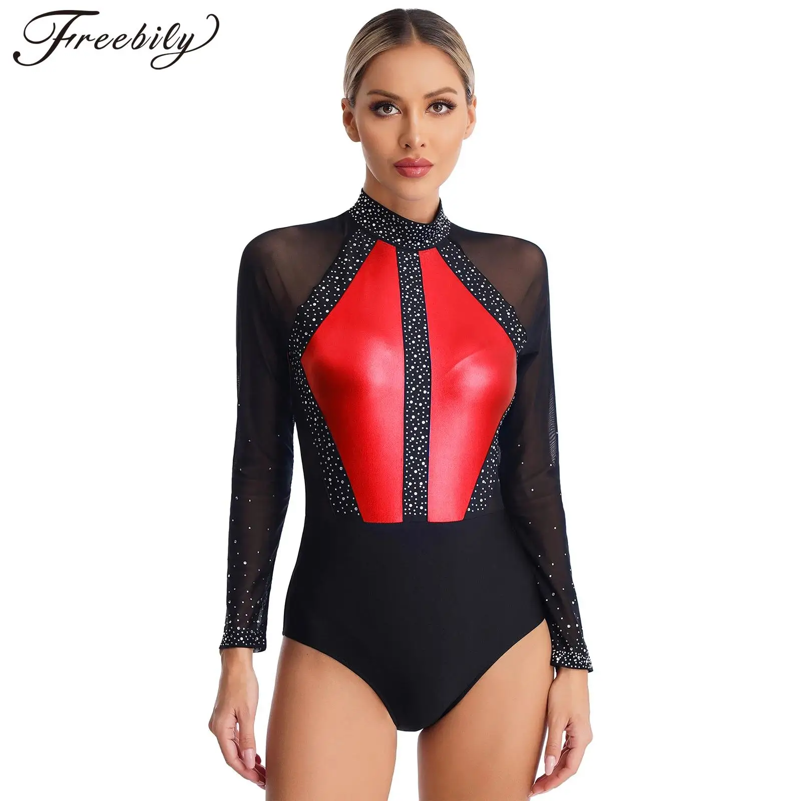 

Women Figure Skating Leotard Ballet Dance Rhythmic Gymnastics Acrobatics Bodysuit Long Sleeve Rhinestones Sheer Mesh Jumpsuit