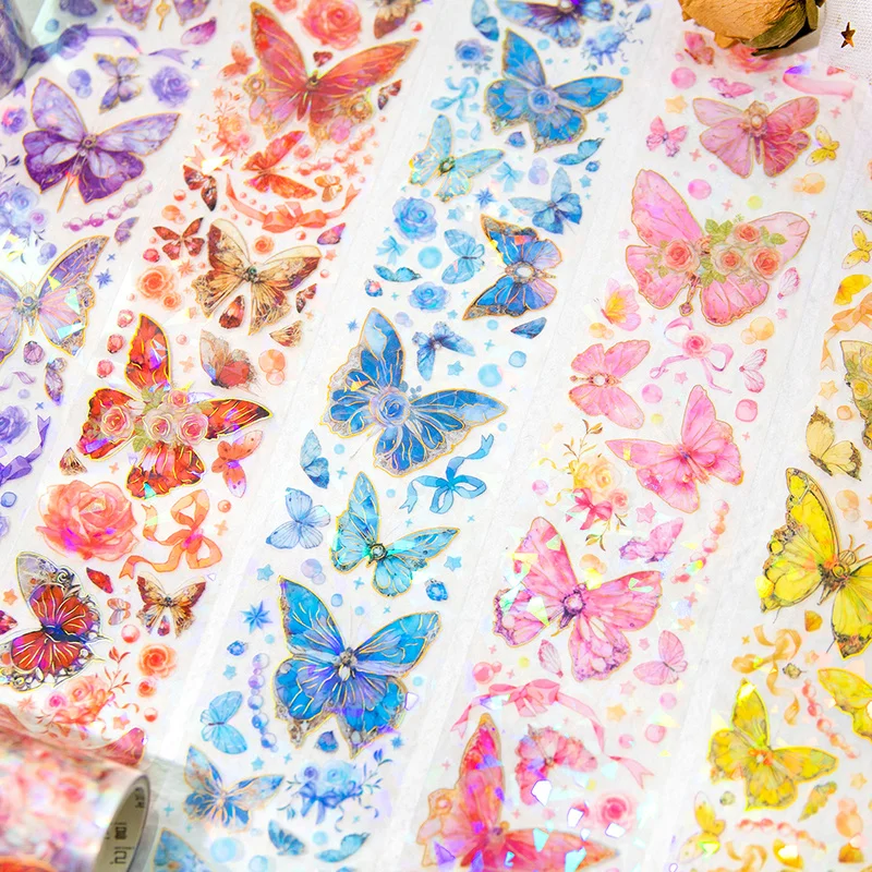 1 Roll PET tape Fresh shiny literary Butterfly laser gold DIY handbook bottoming material stickers tape 5 Kinds 60mm*2m