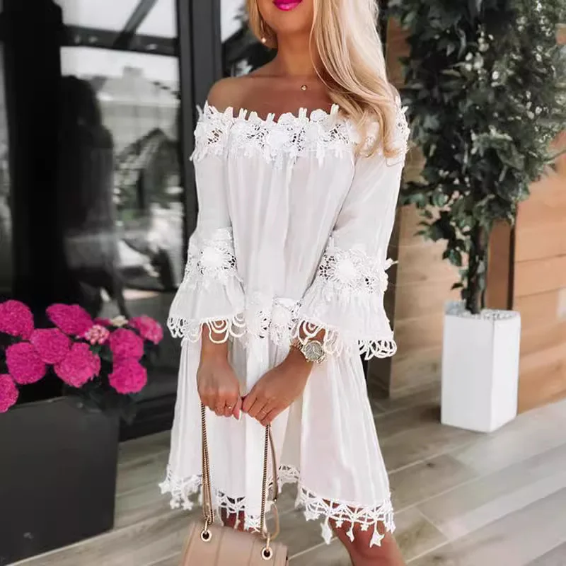 المرأة الجديدة بلون طويلة الأكمام واحدة طول الرقبة خارج الكتف جوفاء فستان فضفاض المرأة عطلة الشاطئ نمط مزاجه فستان #5