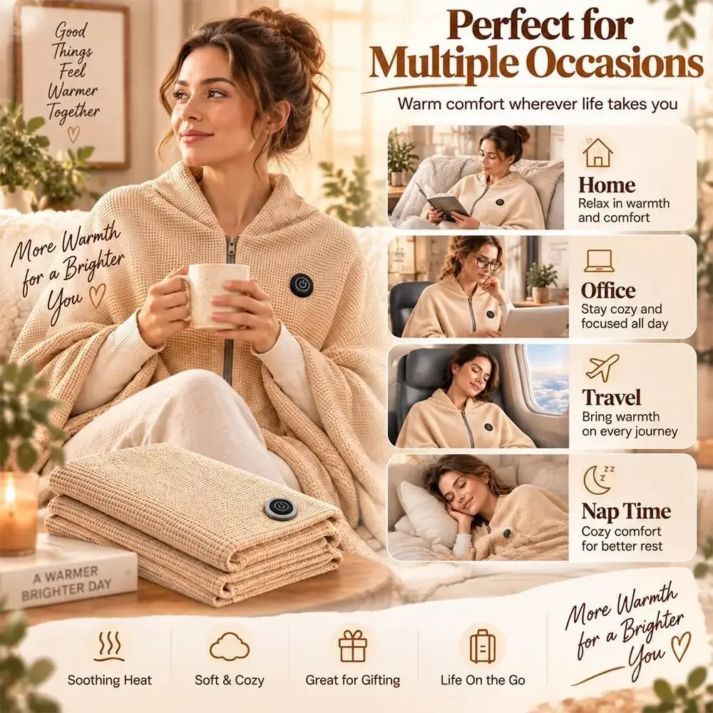 3 Temperature Levels USB Heated Blanket Portable Warm Scarf Soft Zipper Shawl Wrap for Home Office Car Outdoor Camping Winter