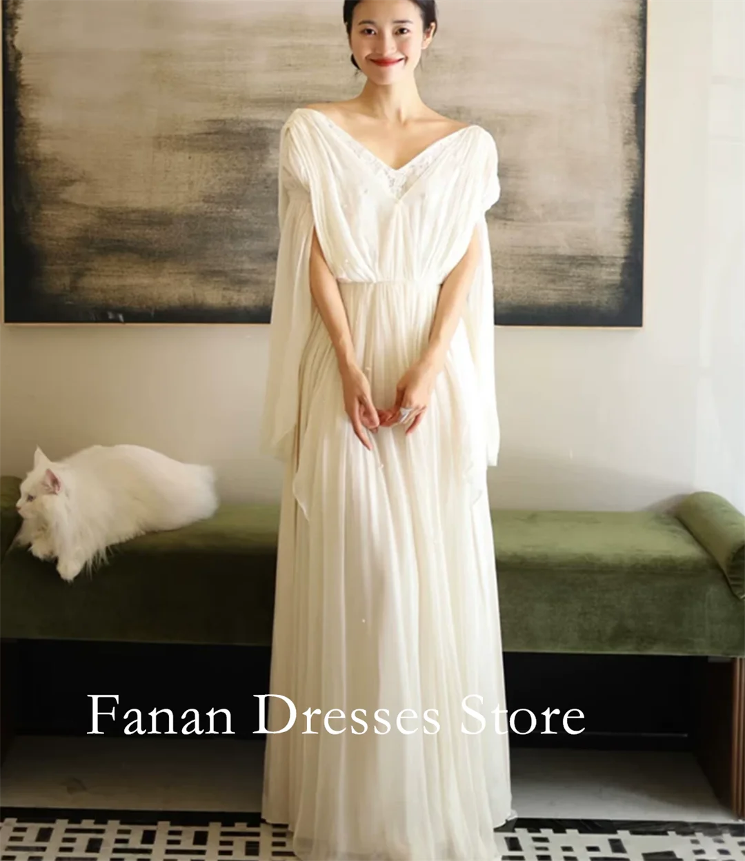 FANAN Off Shoulder FullSleeves Chiffon Vintage Pleated Vintage Wedding Dresses 웨딩드레스 Ivory Customized Pretty  Bride Dresses