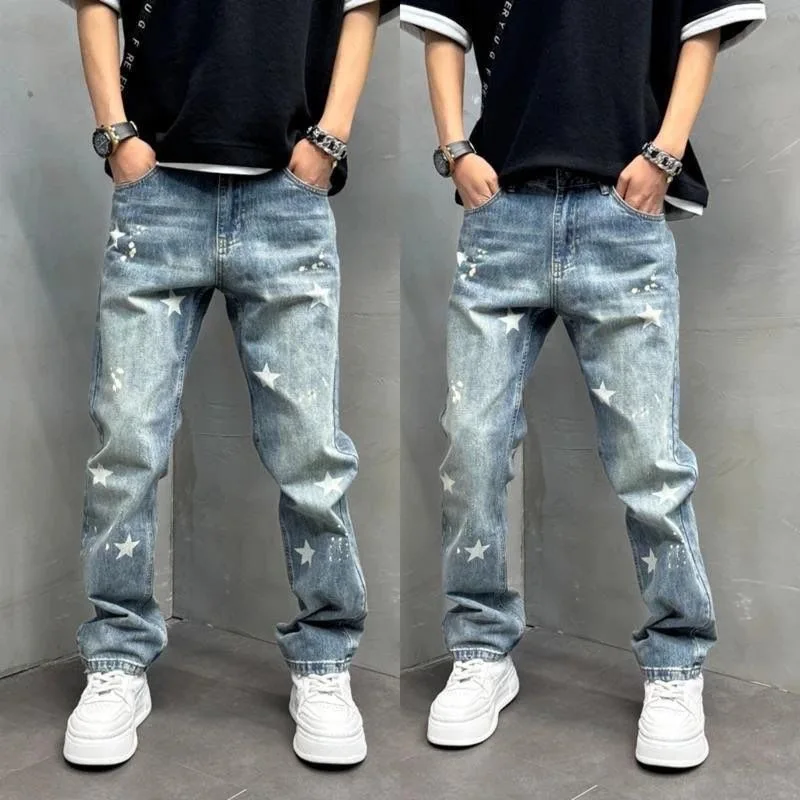 Spring and Autumn New Fashion Trendy Printed Straight-leg Sports Jeans Men's Casual Loose Stretch High-quality Denim Pants