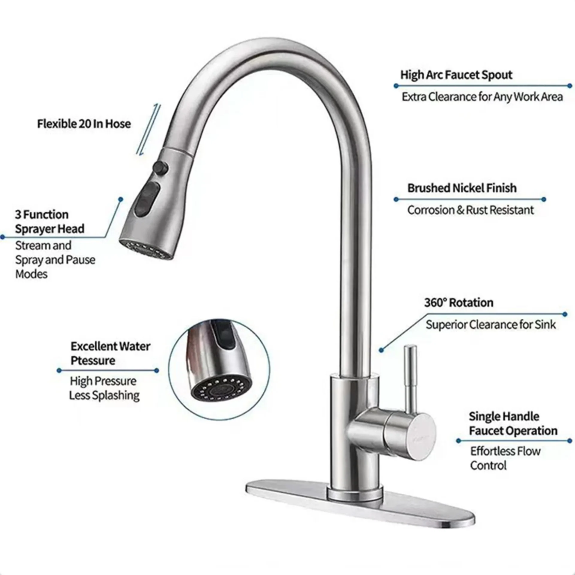 304 Stainless Steel Kitchen Faucet with Hot and Cold Water Mixer Retractable Pull-Out Design for Washing Basin and Sink