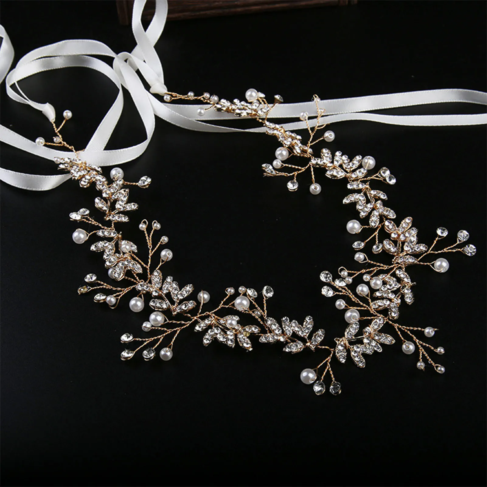 Pearl Lace-up Headband for Women Full Rhinestones Handmade Hair Wreath Hairpieces for Festival Wedding Party Head Decor