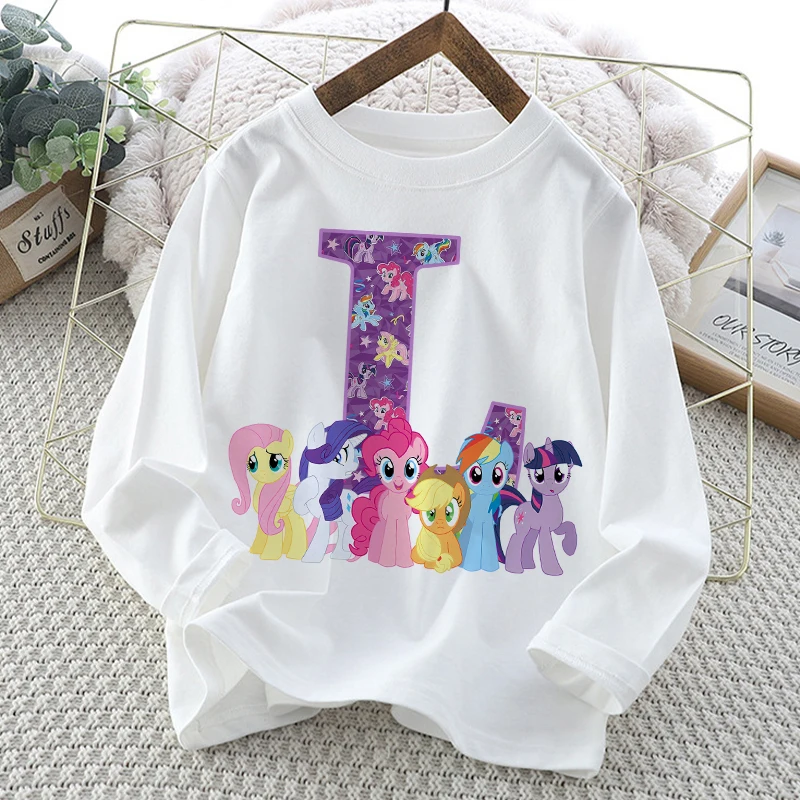 My Little Ponys T-shirts for Children Cute Cartoon Letter A-Z Printed T-shirt Girls Long Sleeves Tops Autumn Children's Clothing