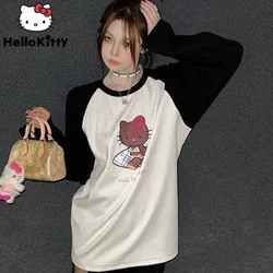 女性用サンリオハローキティTシャツ,ラグランコントラストTシャツ,長袖Tシャツ,キュートで楽しい,用途の広いトップス,韓国スタイル,秋