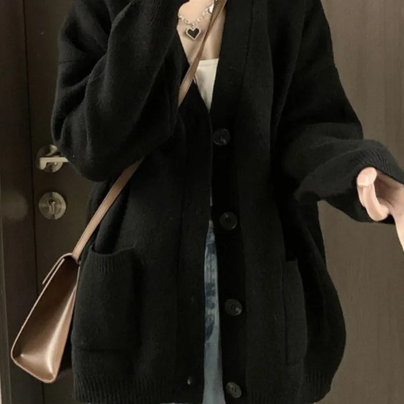 Black Cardigans for Women Loose Ins Clothing Chic Minimalist Single Breasted All-match Students Korean Style Spring Autumn New