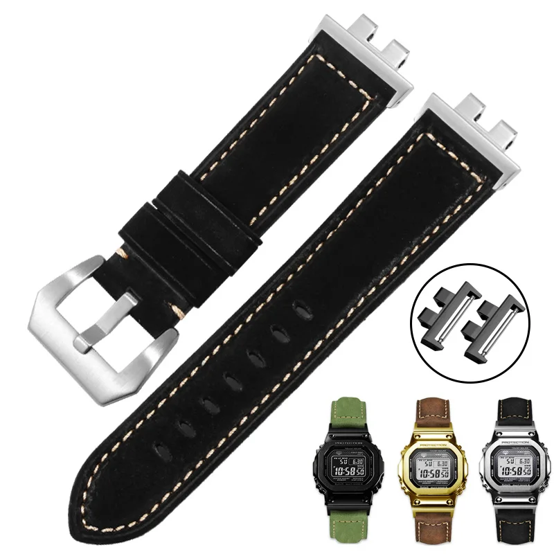 

SHENGQIN Retro Frosted Watchband Suitable For CASIO Golden Brick SilverBrick GMW-B5000 Modified Genuine Leather Strap