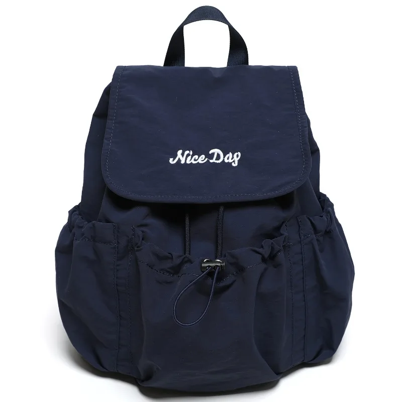 Korean Solid Minimalist Women Backpack Ultra-Light Out Casual Travel Rucksack Flap Drawstring Nylon Daypack Students Schoolbags