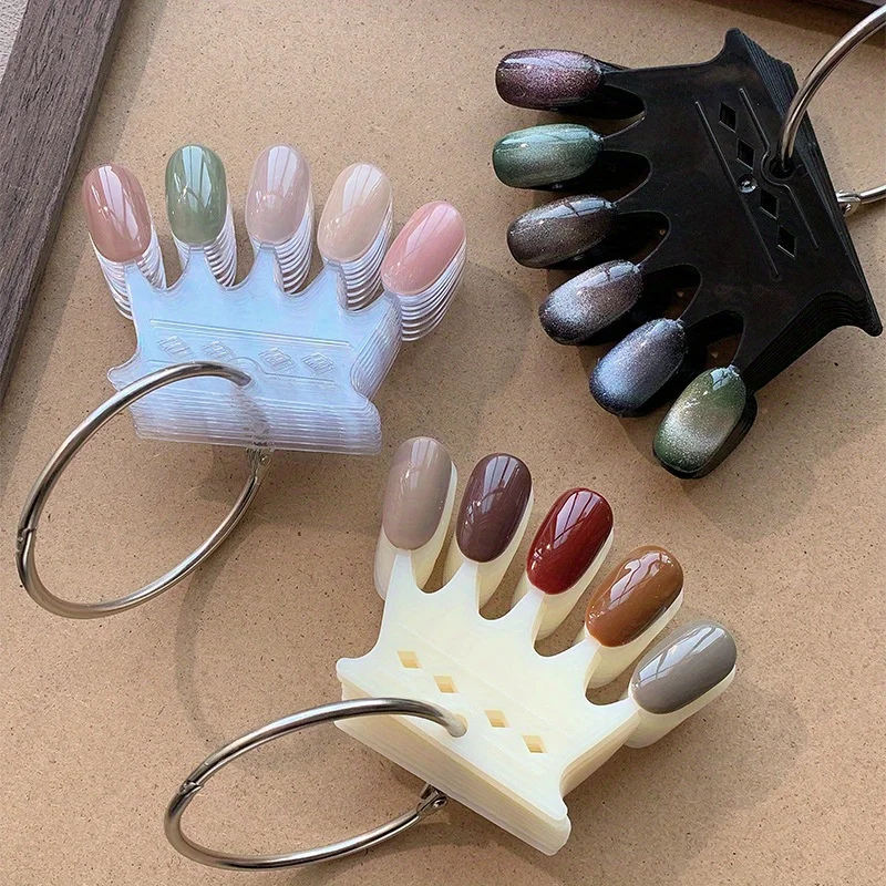 2 Sets 5-Finger Nail Color Display Card, Crown Shape Nail Swatch Sticks with Ring, Removable False Nail Tips Holder for Nail Art