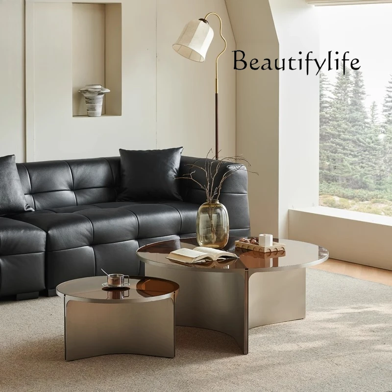 Stainless steel glass coffee table Italian minimalist living room premium coffee table modern large flat coffee table
