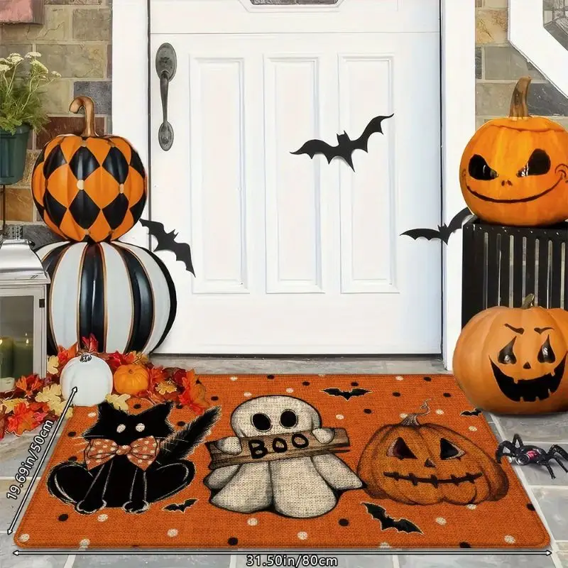 VIKAMA 1/2pcs Orange Polka Dot Boo Ghost Halloween Door Mat Anti Slip Wear-Resistant Carpet Entrance Door Kitchen Home Decor