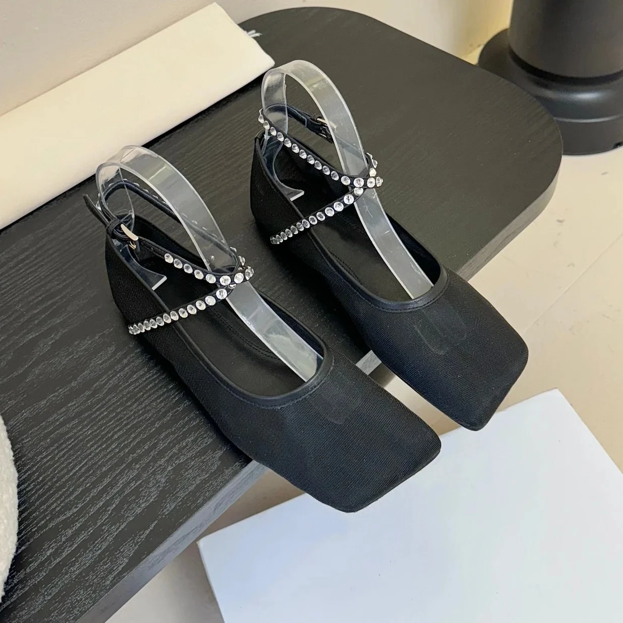 2025 FANGXITING جديد وصول اليدوية شبكة ساحة تو كعب مسطح الكاحل حزام صناديل للنساء بلينغ بلينغ الماس الشقق مأدبة ماري #2