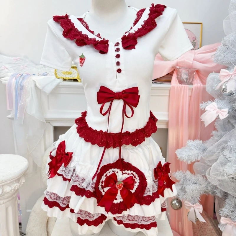 New Coquette Sweet Lolita Short Sleeve Dress Women Lace Trim Heart Strawberry Bow Ruched Waist Slim Fit Mini Dress Elegant Party